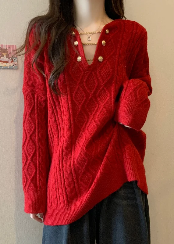 Large women's wrinkle-free topsPlus Size Red V Neck Thick Cable Knit Sweaters Winter