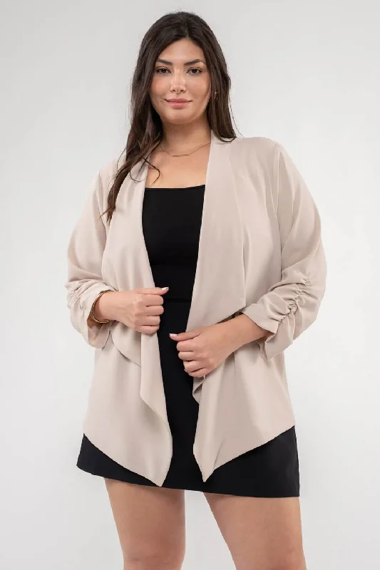 Plus size women's printed topsPLUS 3/4 ROUCHED SLEEVE BLAZER