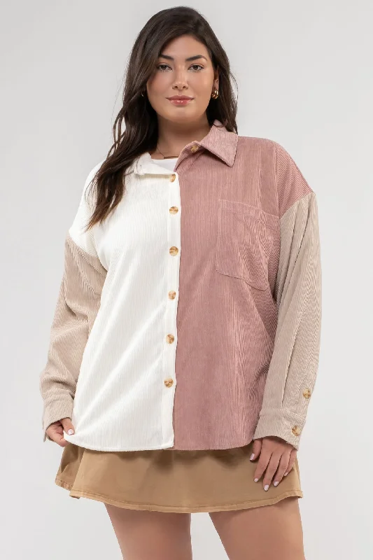 Plus size women's patchwork topsPLUS COLORBLOCK CORDUROY JACKET