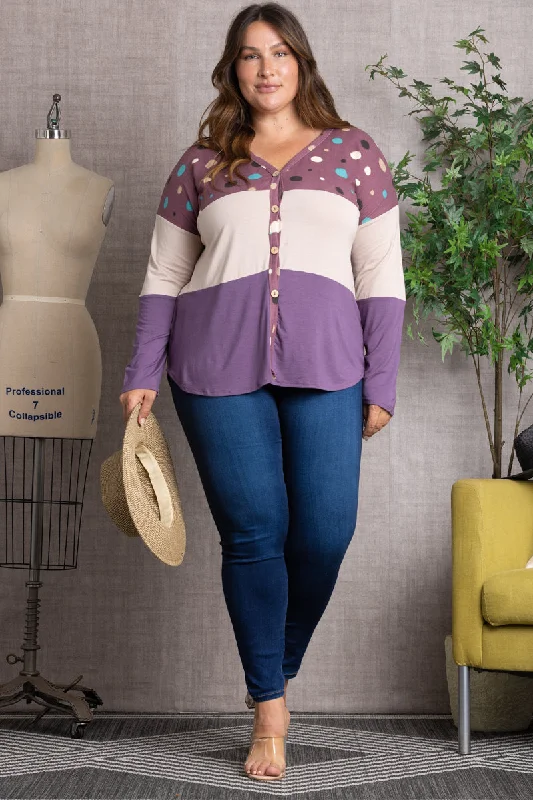 Large women's loose topsPOLKADOT COLOR BLOCK BUTTON DOWN PLUS SIZE SWEATER-CT43590DX