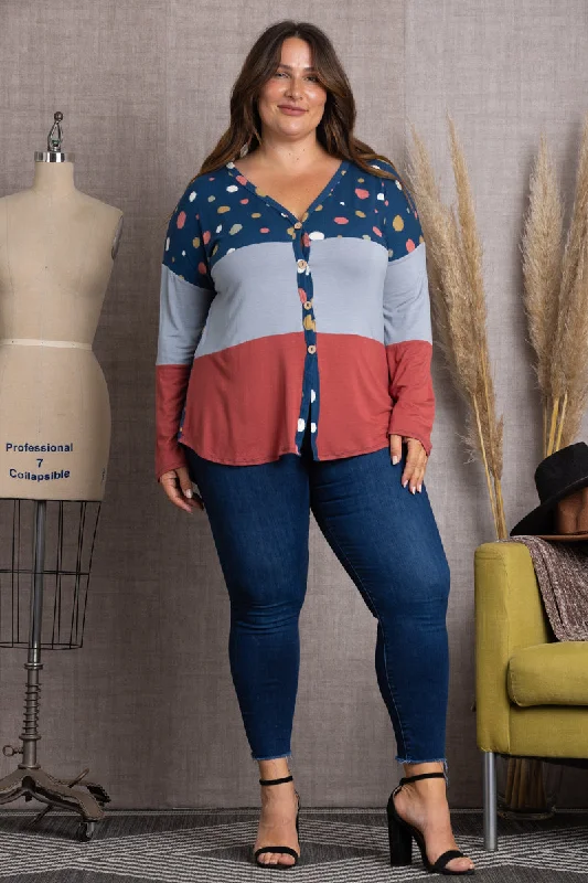 Large women's blended topsNAVY POLKADOT COLOR BLOCK BUTTON DOWN PLUS SIZE SWEATER-CT43590DX