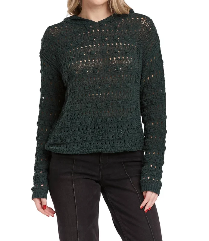 Pullover HoodiesOlsen Pointelle Hoodie Sweater In Dark Moss