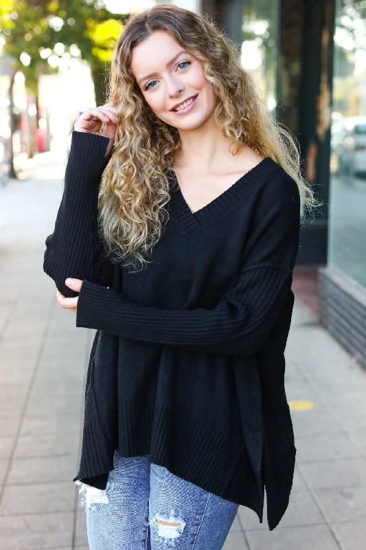 Knitted TopCasual Chic Black Oversized V Neck Rib Knit Sweater