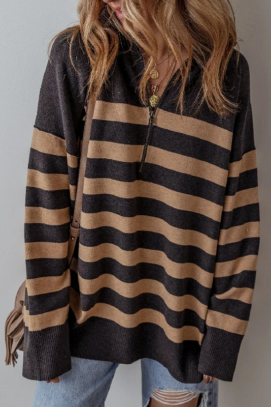 Plus size women's street style topsBlack Striped Collared Quarter Zip Oversized Sweater