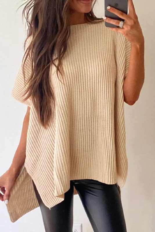 Plus size women's simple topsGray Side Slit Short Dolman Sleeve Knitted Oversized Top