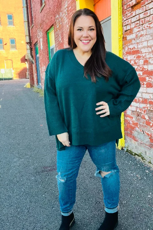 Women's commuter topsCasual Chic Hunter Green Oversized V Neck Rib Knit Sweater