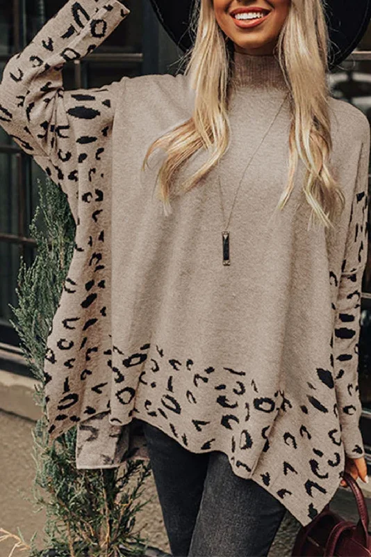 Knitted ShirtKhaki Leopard Casual Side Slit High Neck Oversized Sweater