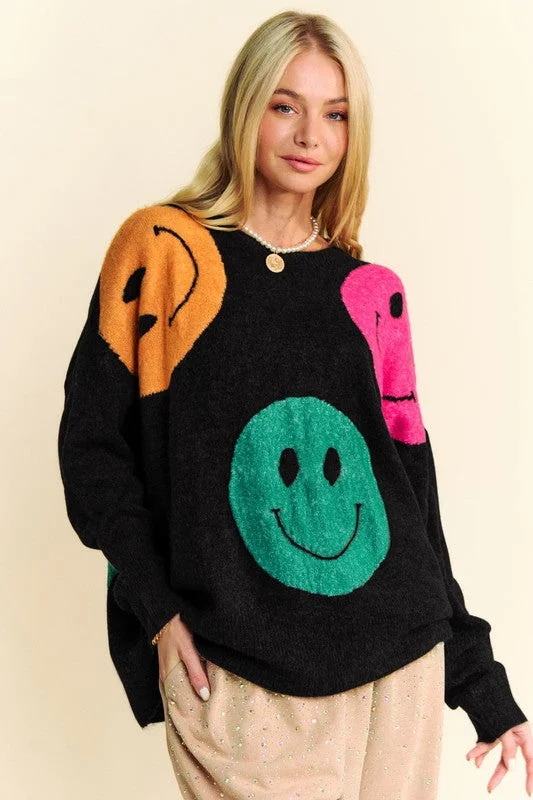 Knitted Black Contrast Smile Round Neck Oversize Sweater