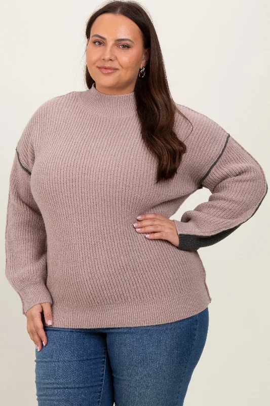 Large women's belly-baring topsMocha Mock Neck Colorblock Plus Sweater