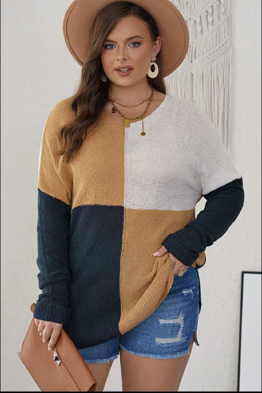 Knitted TopPlus Size Color Block Round Neck Sweater