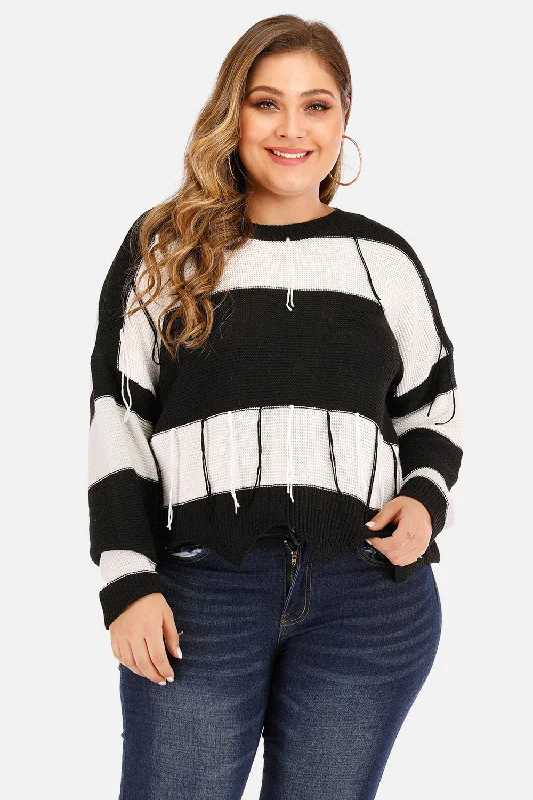 Plus size women's lace topsPlus Size Drop Shoulder Color Block Sweater