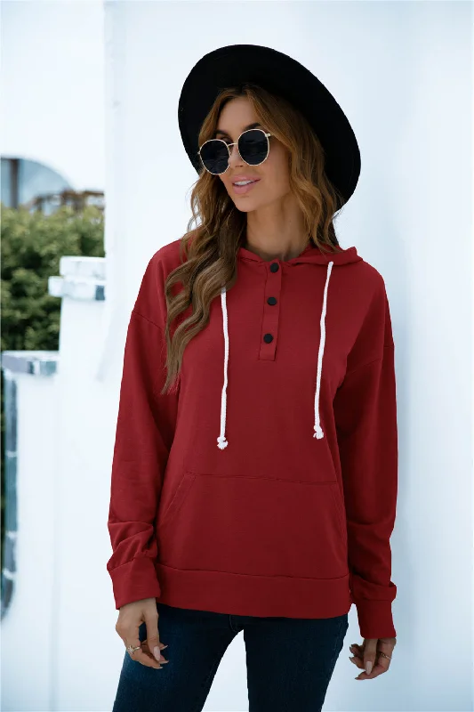 Thermal HoodiesQuarter Snap Drawstring Hoodie with Kangaroo Pocket