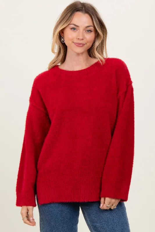 Large women's long topsRed Fuzzy Knit Oversized Sweater