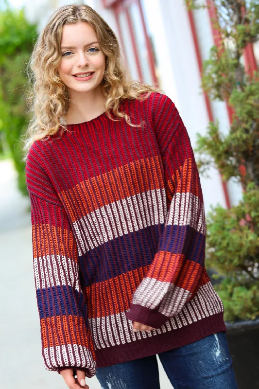 Large women's waist-baring topsTake All Of Me Burgundy & Navy Stripe Oversized Sweater