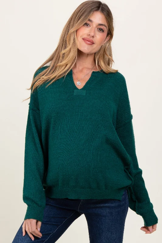 Large women's loose topsHunter Green Notched Neck Oversized Maternity Sweater Knit Top