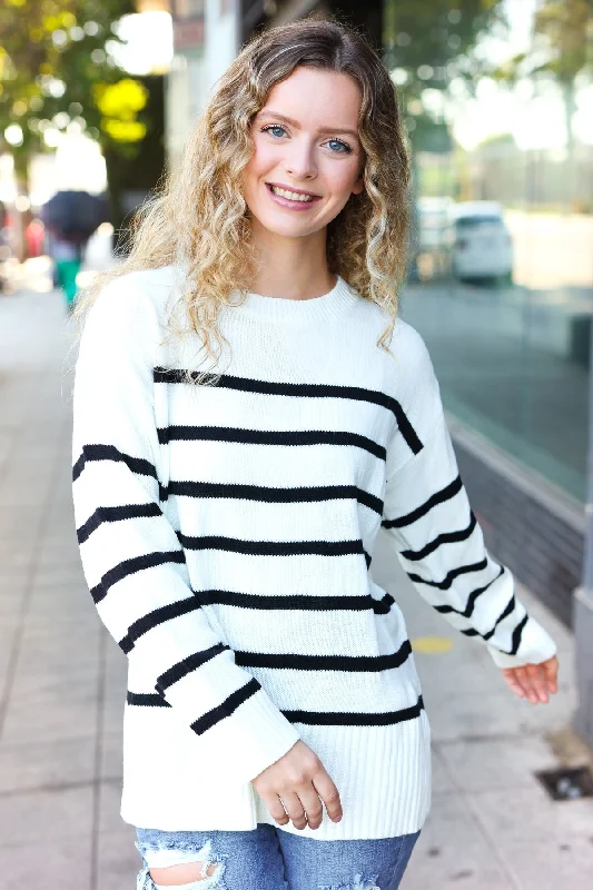 Large women's warm topsStand Out Ivory Striped Oversized Knit Sweater