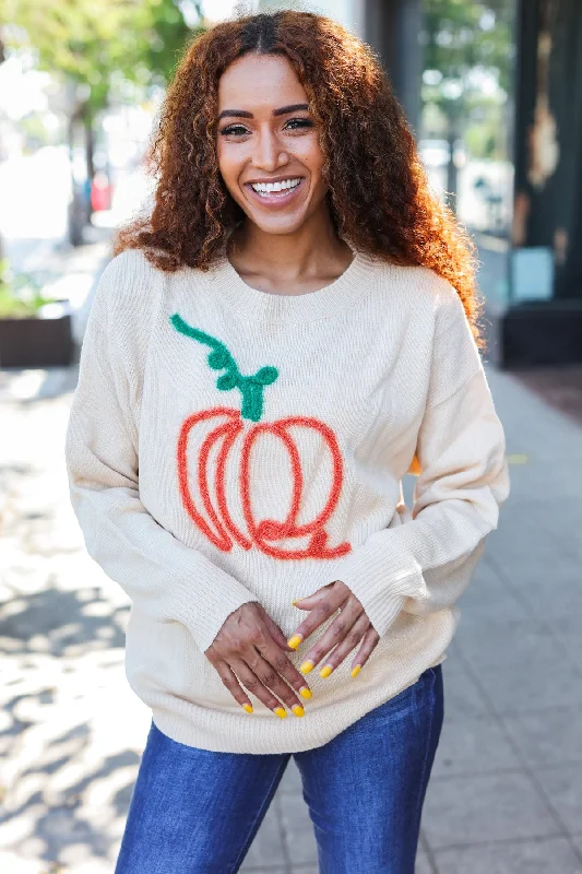 Large women's wrinkle-free topsTaupe Embroidered Pumpkin Oversized Sweater