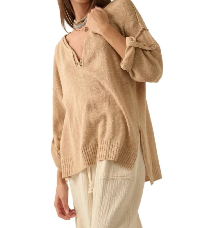 Women's winter topsOversized Roll-Up Henley Sweater In Sand